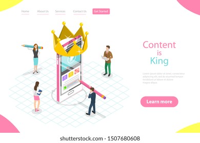 Isometric Flat Vector Landing Page Template Of Content Is King, Copywriter, Engaging Content Creating, Blog Writing.