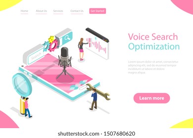 Isometric flat vector landing page template of voice search optimization, voice commands, SEO, keyword research.