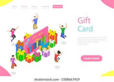 Isometric flat vector landing page template of gift card, loyalty program, earning points and getting bonus, cash back.