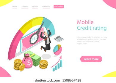 Isometric flat vector landing page template of mobile credit rating app, personal credit score, good index of credit history.