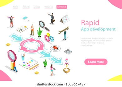 Isometric flat vector landing page template of rapid software application development model, RAD, engineering design approach with steps analysis, demonstrate, build, refine, testing, implementation.