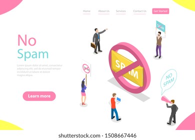 Isometric flat vector landing page template of no spam, warning sign.