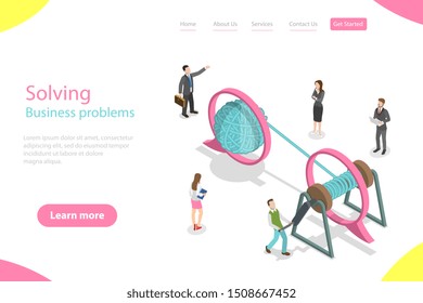 Isometric flat vector landing page template of solving business problem, simple solution, tangle tangled and unraveled.