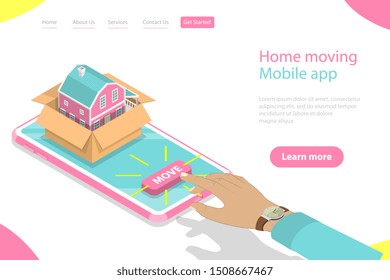 Isometric flat vector landing page template of home moving mobile order, relocation service, fast delivery.