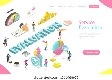 Isometric flat vector landing page template of services evaluation, employee merit determination and development, quality assessment and improvement processes and techniques.