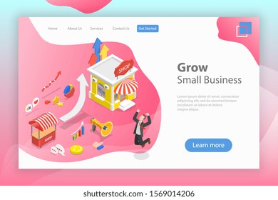 Isometric flat vector landing page tempate of small business growth, marketing strategy, advertising campaign, business in investing.