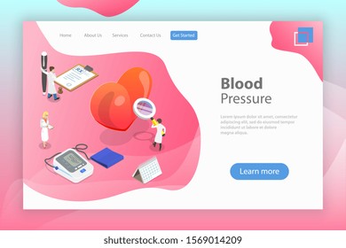 Isometric flat vector landing page template of blood pressure test, medical digital tonometer, regular health checkup.