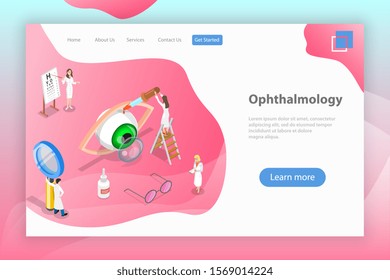 Isometric flat vector landing page template of ophthalmology, eyesight check up, eyes health care, ophthalmological examination.
