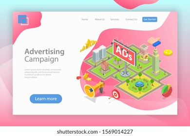 Isometric flat vector landing page template of outdoor advertising, city advertisement billboards and banners, outbound marketing campaign.