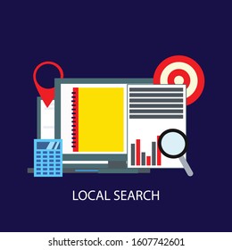 Isometric flat vector landing page for local seo, serching store, e-commerce.