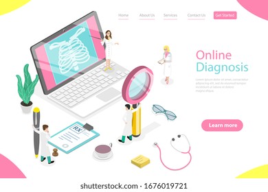 Isometric flat vector landing page template of online diagnosis, remote patient consultation, online medical support and healthcare services.
