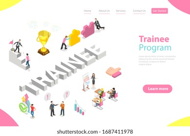 Isometric Flat Vector Landing Page Template of Company Trainee Program, Training Process of New Hired Employees.