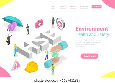 Isometric Flat Vector Landing Page Concept of HSE, Practical Aspects of Environmental Protection and Safety at Work, Health Safety Environment.