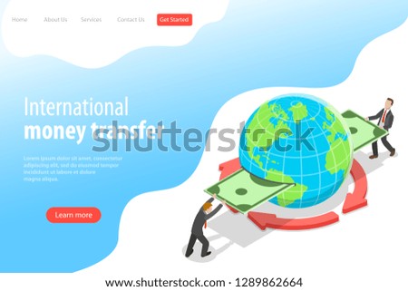 Isometric flat vector landing page template of international money transfer, online banking, financial transaction, web store, mobile shopping.
