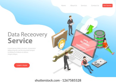 Isometric flat vector landing pate template of data recovery services, data backup and protection, hardware repair.