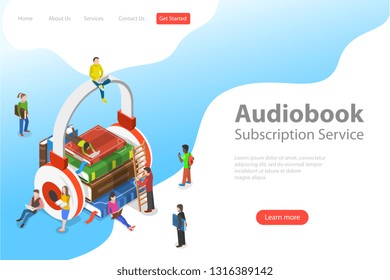 Isometric flat vector landing pate template of audiobook, education, literature listening.