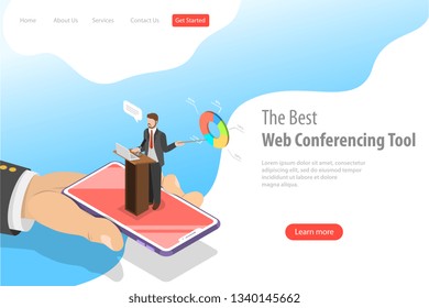 Isometric flat vector landing pate template of online conference, business meeting, webinar, group training.