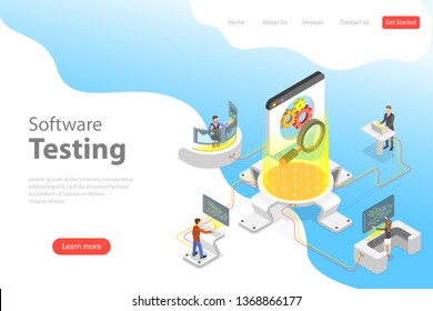 Isometric flat vector landing pate template of software quality assurance, SQA, product testing and debugging, programming and coding.