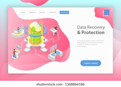 Isometric flat vector landing pate template of data recovery services, data backup and protection, hardware repair.