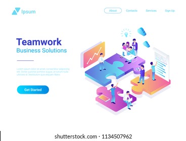 Isometric Flat Vector Management Teamwork Business People On Puzzle Parts. Finance Concept Illustration.