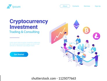 Isometric Flat Vector Team Brainstorming Cryptocurrency Investment illustration. Teamwork Marketing Management Collaboration Concept.