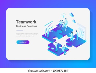 Isometric Flat Vector Teamwork Business People On Puzzle Parts. Finance Management Concept Illustration.