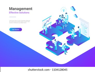 Isometric Flat vector Teamwork Business People on Puzzle parts card design. Finance Management Concept website illustration.