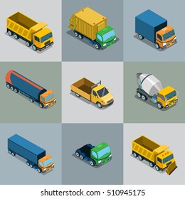 Isometric flat vehicle cargo transport vector illustration set. 3d Isometry City service and specialized transportation collection.