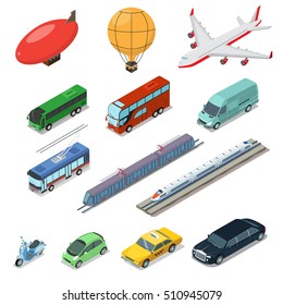 Isometric flat vehicle, railway, flying, passenger and cargo transport isolated on white background vector illustration set. 3d Isometry International service and specialized transportation concept.