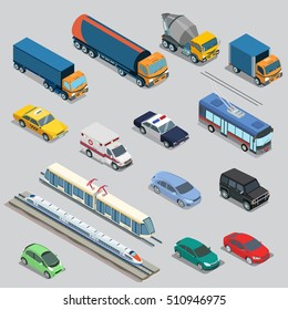 Isometric flat vehicle, railway, flying, passenger and cargo transport vector illustration set. 3d Isometry City service and specialized transportation collection.