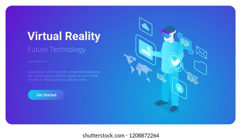 Isometric flat VR helmet Virtual Reality glasses vector illustration concept. Man using glasses interface web banner template