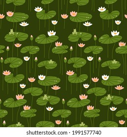 Isometric flat water lily seamless pattern. Pink and white lotuses with frogs. Green flat vector illustration.