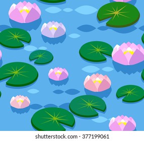 Isometric Flat Water Lily Seamless Pattern