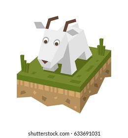 Isometric flat white goat on the tile of ground with grass. Geometric farm animal in isometry.  Goat on 3d land or soil tile.