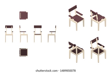 isometric and flat wooden armchair from differnet directions
