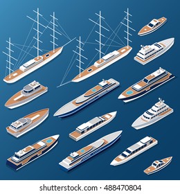 Isometric flat yacht, ship and boat vector illustration set. Marine nautical transport collection.