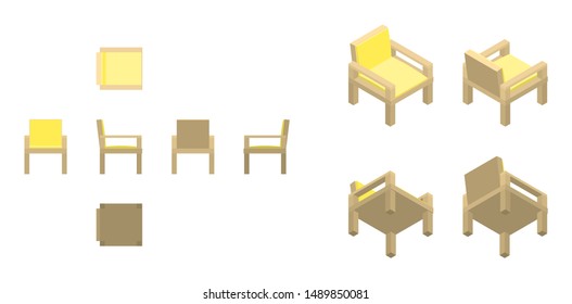 isometric and flat yellow armchair from differnet directions