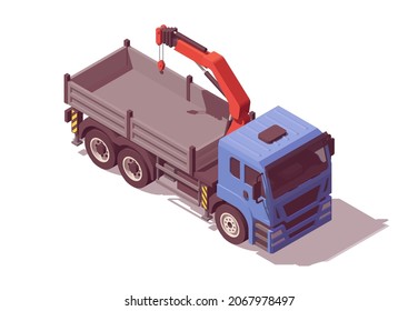 Isometric flatback truck with crane. Vector illustration. Collection