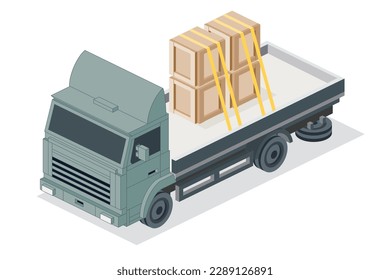 Isometric Flatbed Cargo Truck with Boxes. Commercial Transport. Logistics. City Object for Infographics. Vector Illustration. Car for Carriage of Goods. Front View.