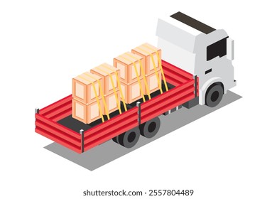 Isometric Flatbed Cargo Truck with Boxes. Commercial Transport. Logistics. City Object for Infographics. Vector Illustration. Car for Carriage of Goods. Rear view.