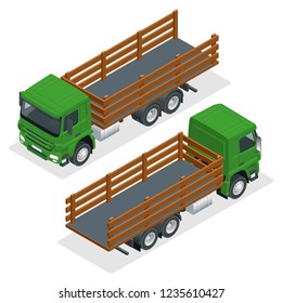 Isometric flatbed truck template isolated on white on white. Vehicle branding mockup. Flatbed truck vector mock-up.