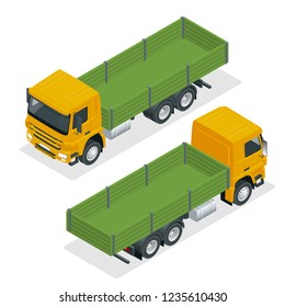 Isometric flatbed truck template isolated on white on white. Vehicle branding mockup. Flatbed truck vector mock-up.