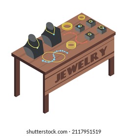 Isometric Flea Market Icon With Various Jewelry On Wooden Table 3d Vector Illustration