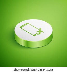 Isometric Flight mode in the mobile phone icon isolated on green background. Airplane or aeroplane flight offline mode passenger regulation airline . White circle button. Vector Illustration