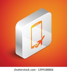 Isometric Flight mode in the mobile phone icon isolated on orange background. Airplane or aeroplane flight offline mode passenger regulation airline . Silver square button. Vector Illustration