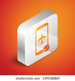 Isometric Flight mode in the mobile phone icon isolated on orange background. Airplane or aeroplane flight offline mode passenger regulation airline . Silver square button. Vector Illustration