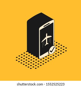 Isometric Flight mode in the mobile phone icon isolated on yellow background. Airplane or aeroplane flight offline mode passenger regulation airline .  Vector Illustration