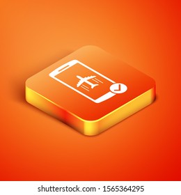 Isometric Flight mode in the mobile phone icon isolated on orange background. Airplane or aeroplane flight offline mode passenger regulation airline .  Vector Illustration