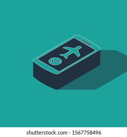 Isometric Flight mode in the mobile phone icon isolated on green background. Airplane or aeroplane flight offline mode passenger regulation airline .  Vector Illustration