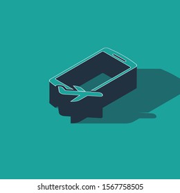 Isometric Flight mode in the mobile phone icon isolated on green background. Airplane or aeroplane flight offline mode passenger regulation airline .  Vector Illustration